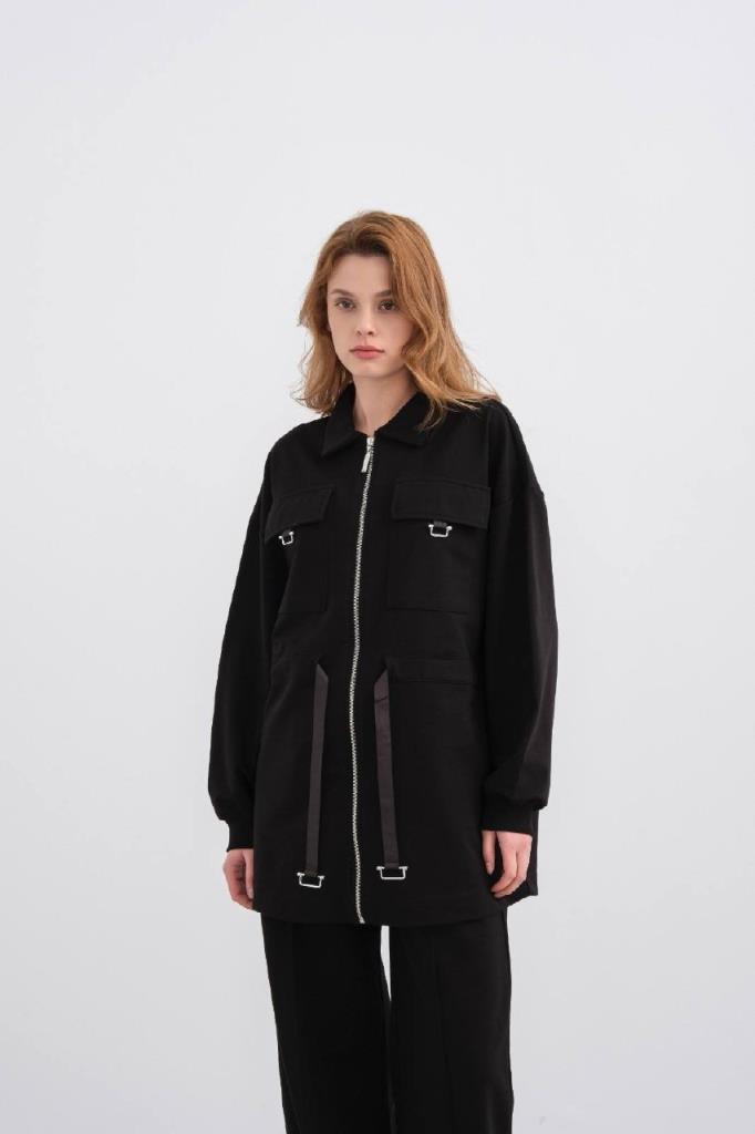 Women's Pocket Detail Zippered Tunic and Pants Set G4881 - Black