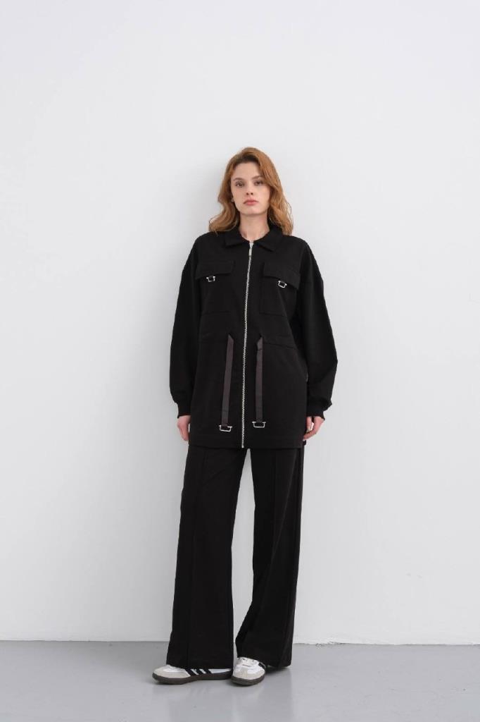 Women's Pocket Detail Zippered Tunic and Pants Set G4881 - Black
