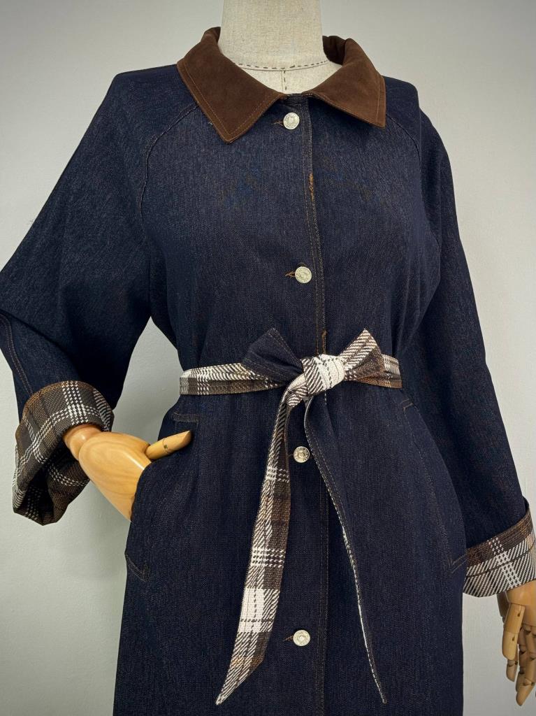 Kadın Süet Yakalı Boydan Düğmeli Kot Trençkot G4886 - KAHVE RENGİ