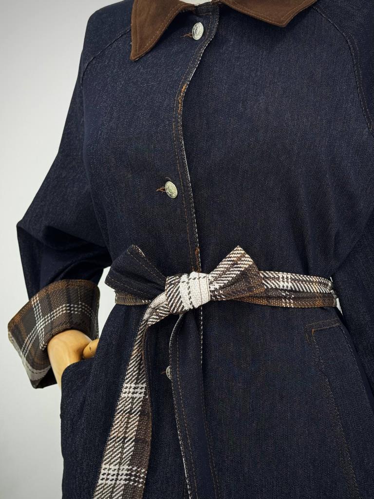 Kadın Süet Yakalı Boydan Düğmeli Kot Trençkot G4886 - KAHVE RENGİ