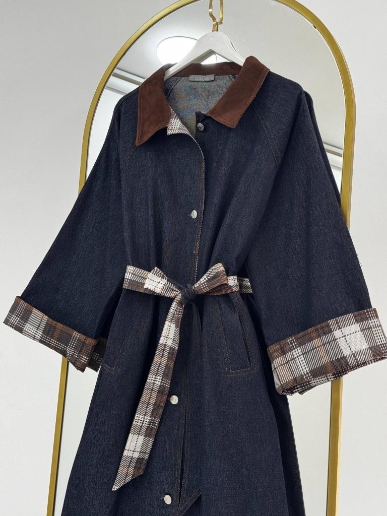 Kadın Süet Yakalı Boydan Düğmeli Kot Trençkot G4886 - KAHVE RENGİ