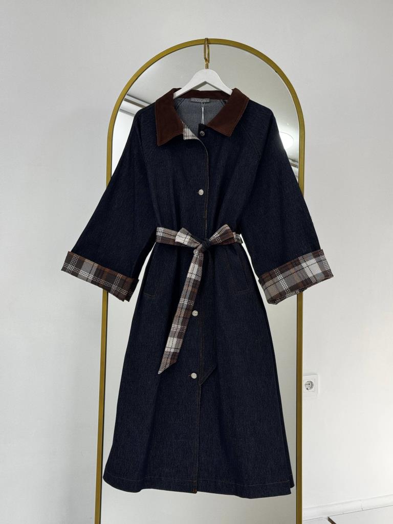 Kadın Süet Yakalı Boydan Düğmeli Kot Trençkot G4886 - KAHVE RENGİ