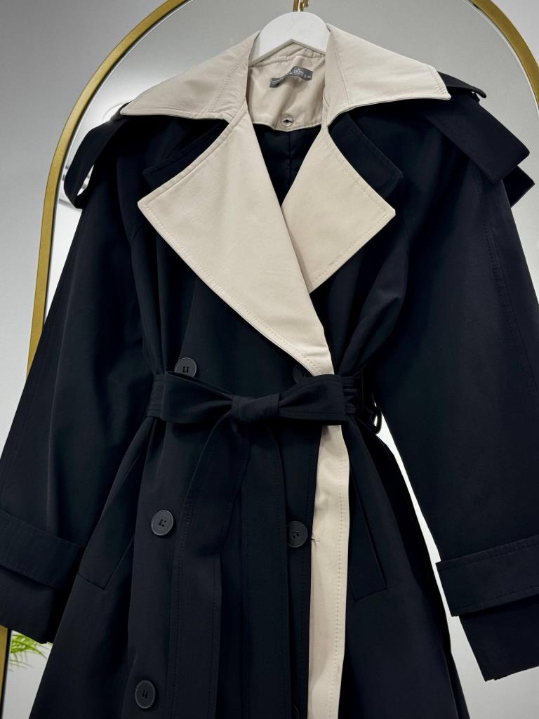 Kadın Çift Renk Detaylı Oversize Trençkot G4887 - SİYAH