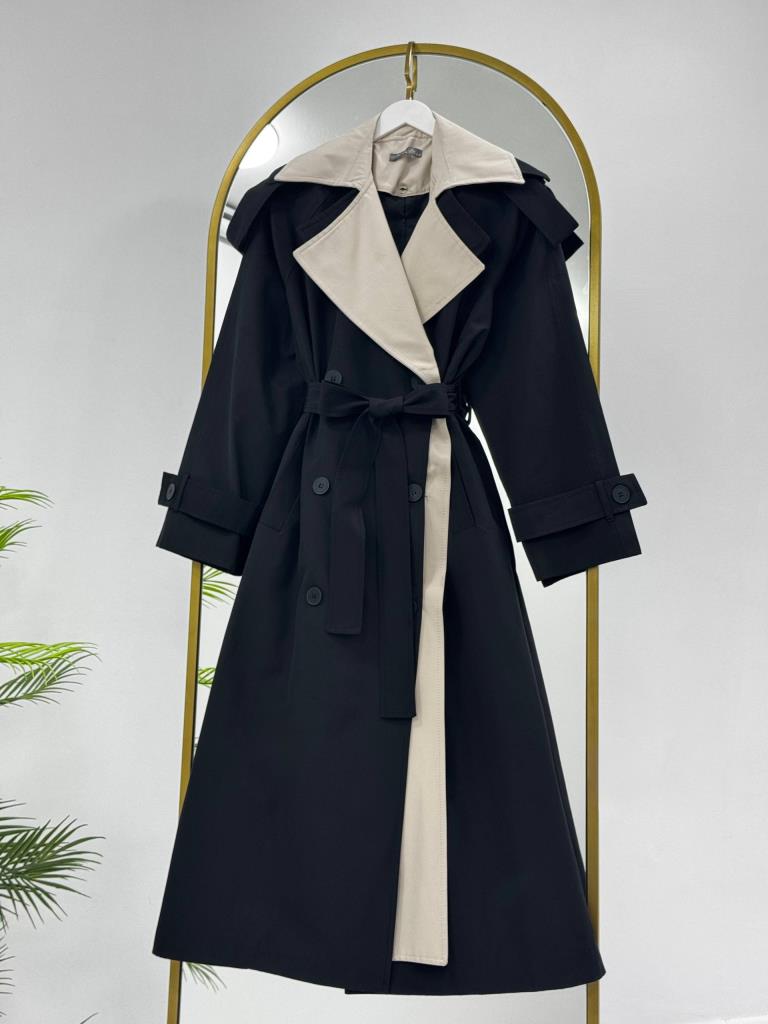 Kadın Çift Renk Detaylı Oversize Trençkot G4887 - SİYAH