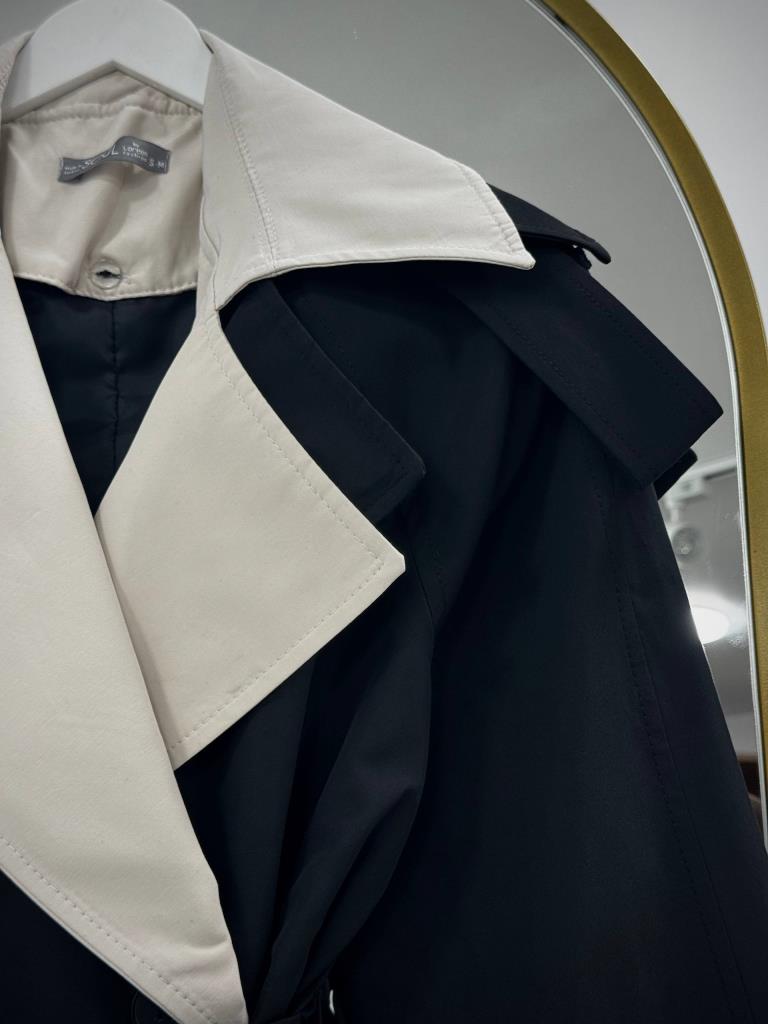 Kadın Çift Renk Detaylı Oversize Trençkot G4887 - SİYAH