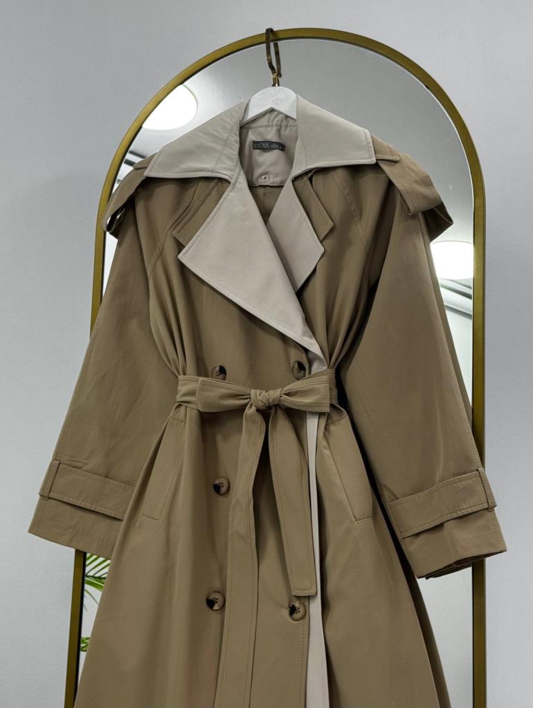 Kadın Çift Renk Detaylı Oversize Trençkot G4887 - BEJ