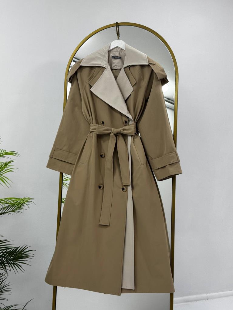 Kadın Çift Renk Detaylı Oversize Trençkot G4887 - BEJ