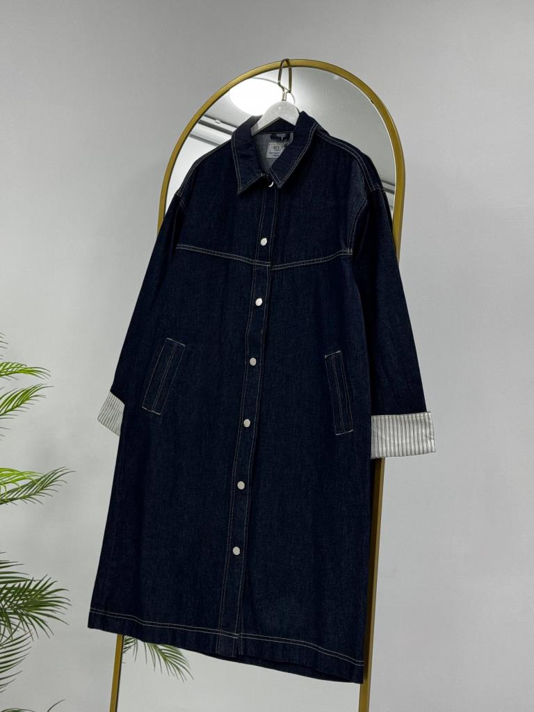 Women's Button-Down Denim Long Tunic G4907 - Navy Blue