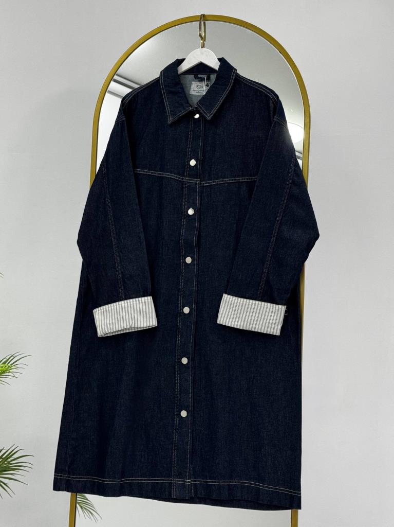 Women's Button-Down Denim Long Tunic G4907 - Navy Blue