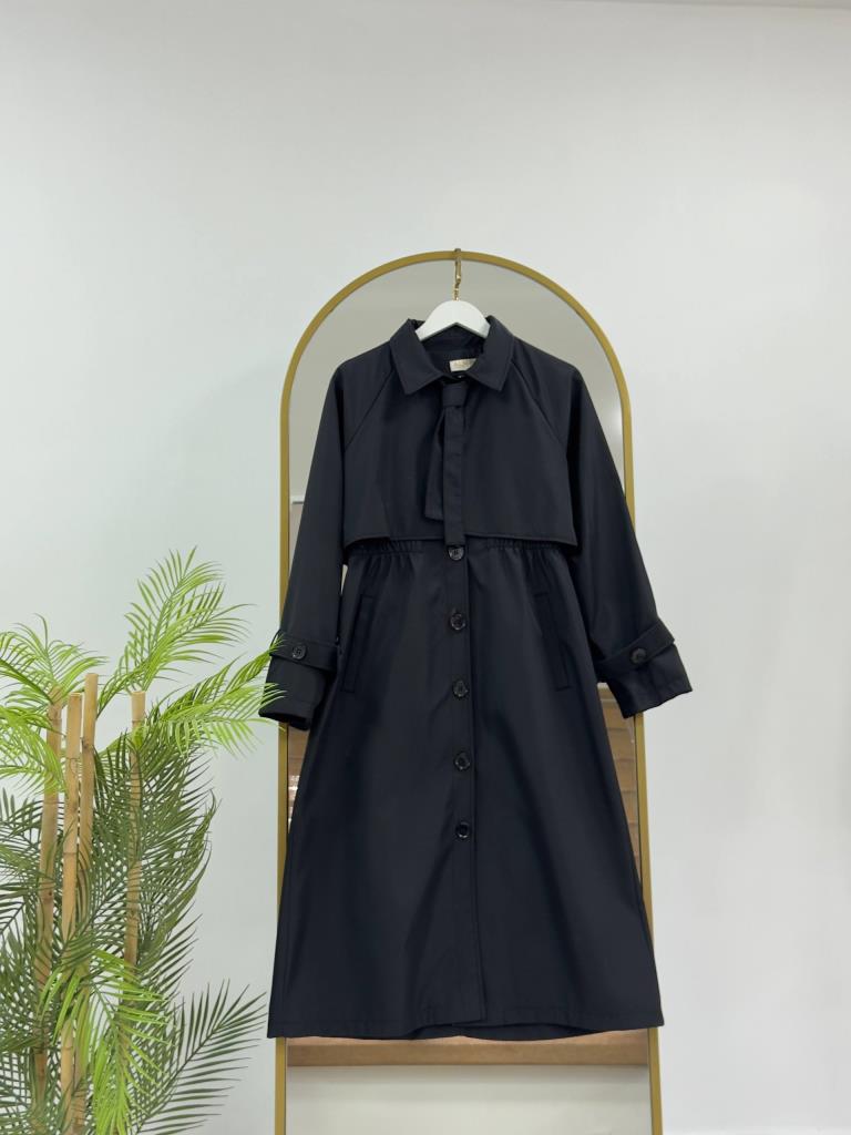 Women's Midi Trench Coat with Tie G5028 - Navy Blue