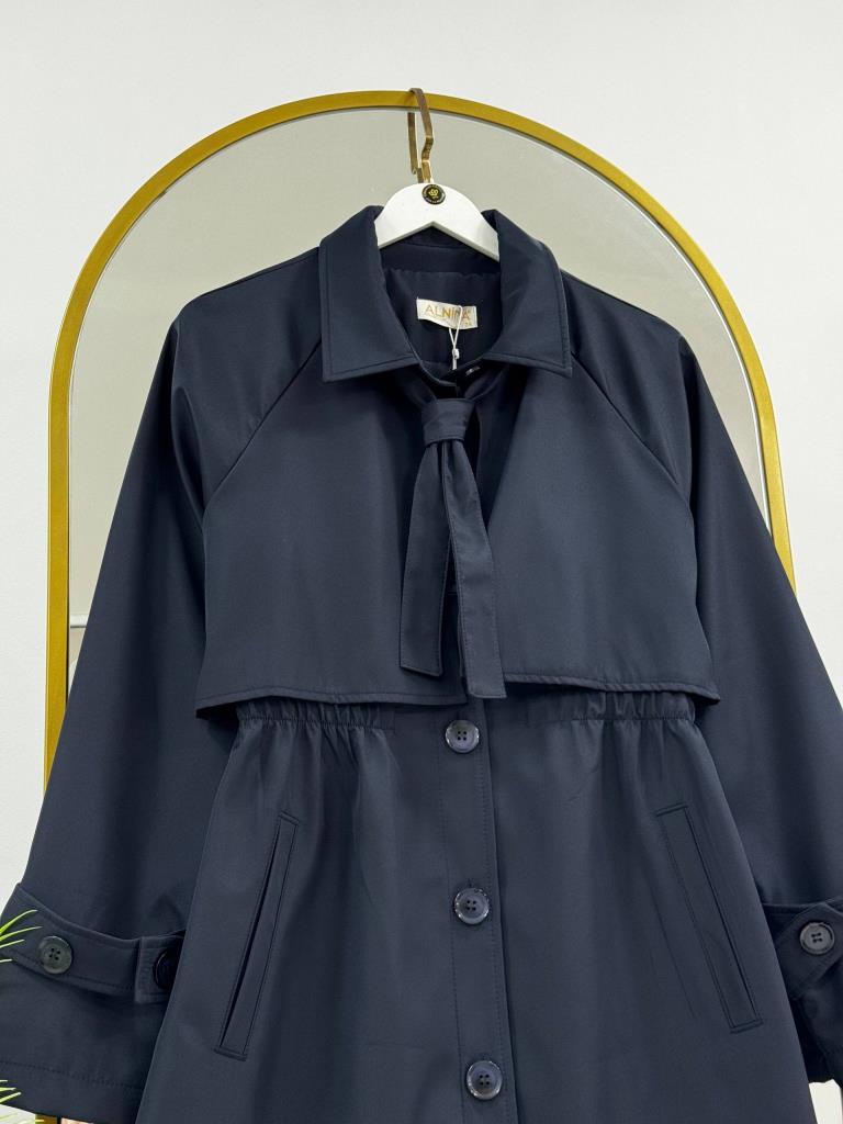 Women's Midi Trench Coat with Tie G5028 - Navy Blue