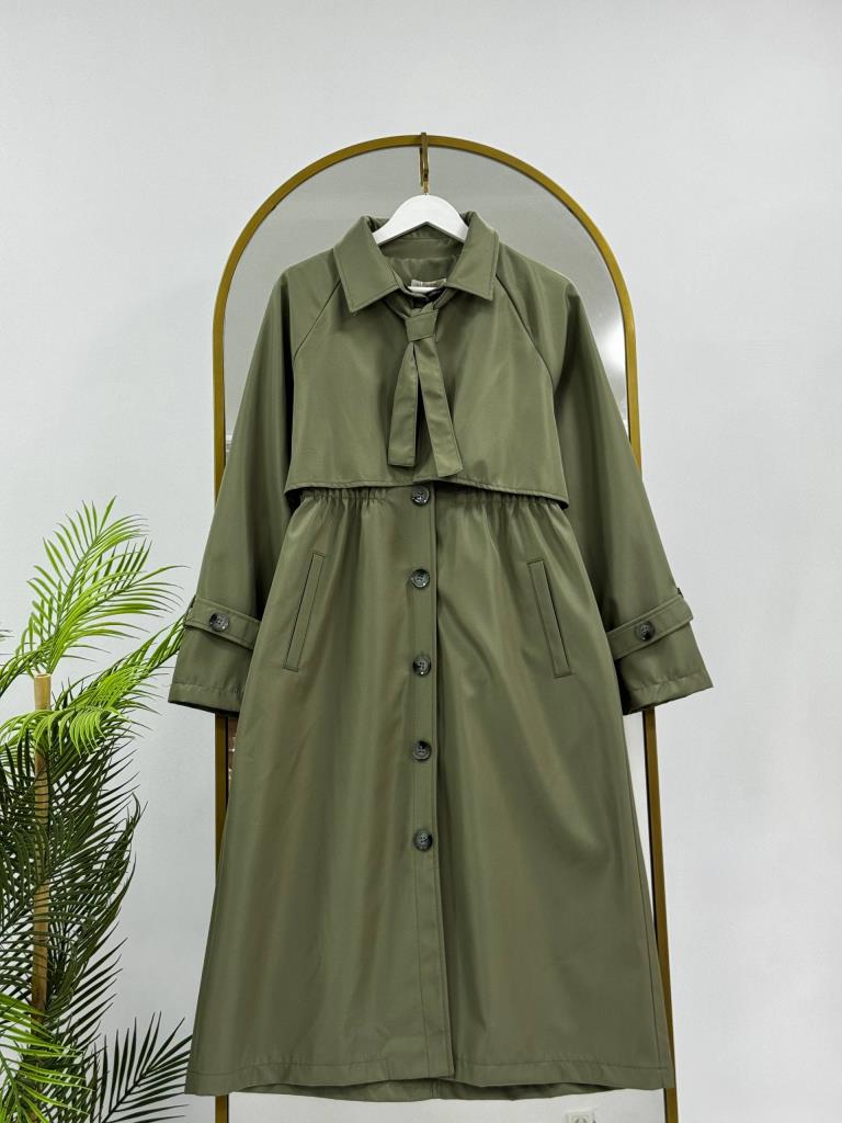 Women's Midi Trench Coat with Tie G5028 - Green