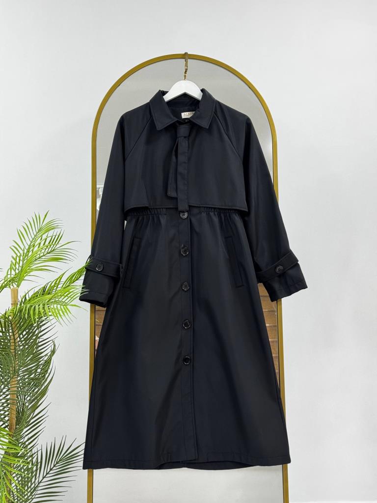 Women's Midi Trench Coat with Tie G5028 - Black