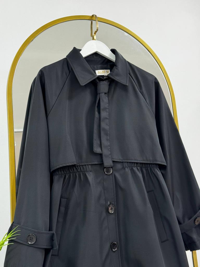 Women's Midi Trench Coat with Tie G5028 - Black