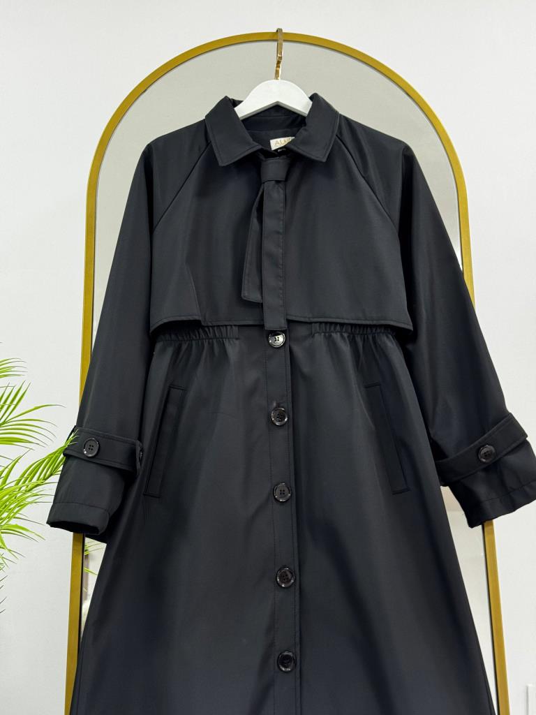 Women's Midi Trench Coat with Tie G5028 - Black