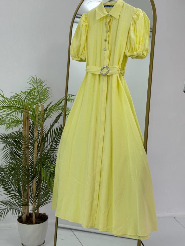 Women's elegant dress with puff sleeves and belt G5036 - Yellow