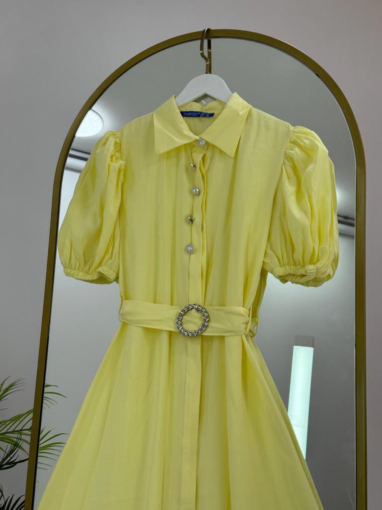 Women's elegant dress with puff sleeves and belt G5036 - Yellow