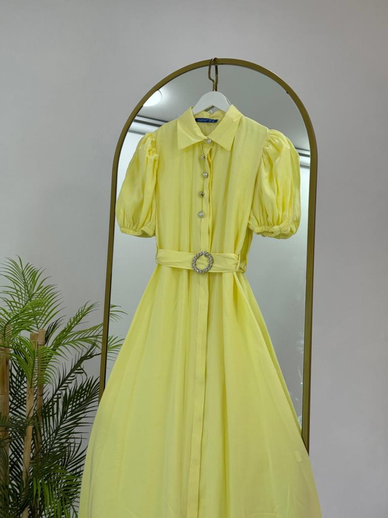 Women's elegant dress with puff sleeves and belt G5036 - Yellow