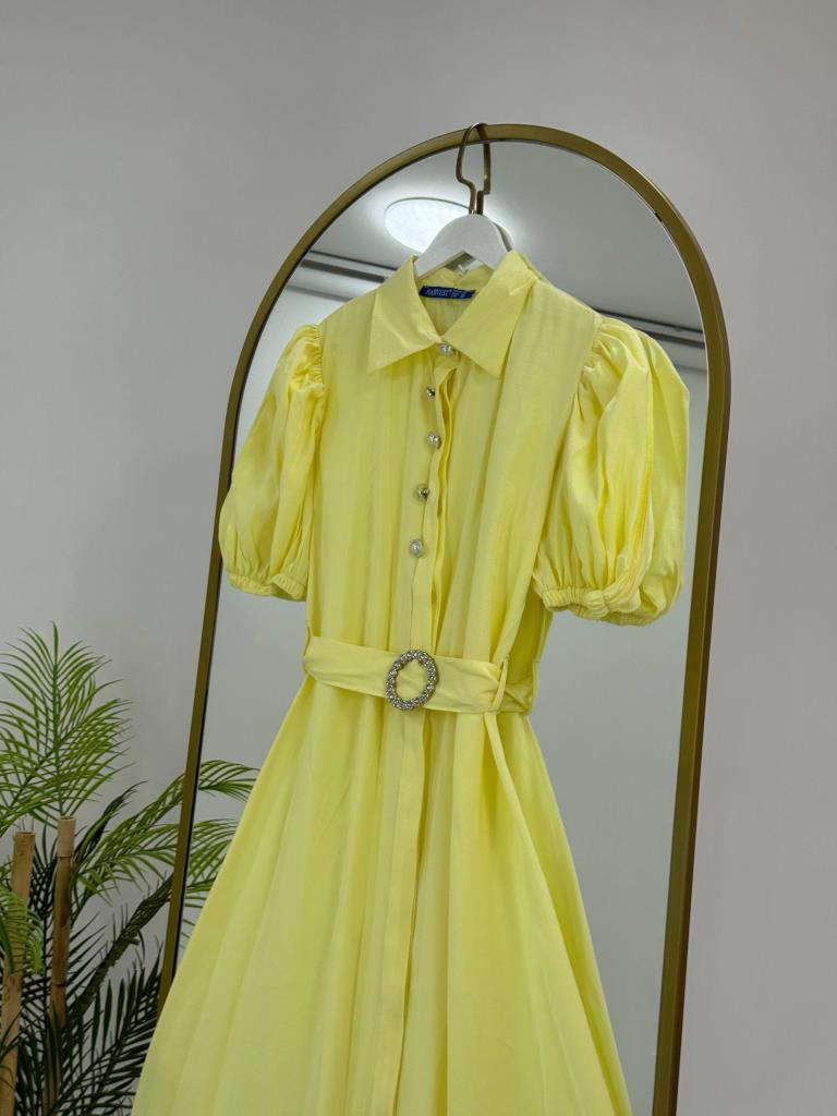Women's elegant dress with puff sleeves and belt G5036 - Yellow