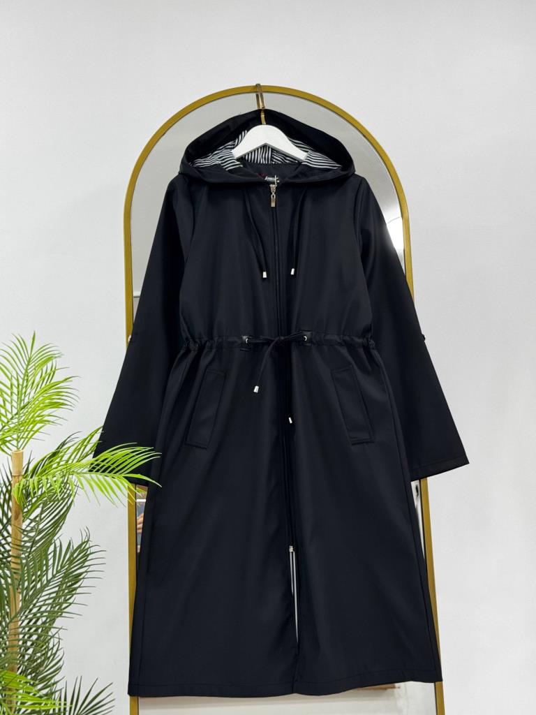 Women's Hooded Midi Trench Coat G5086 - Black