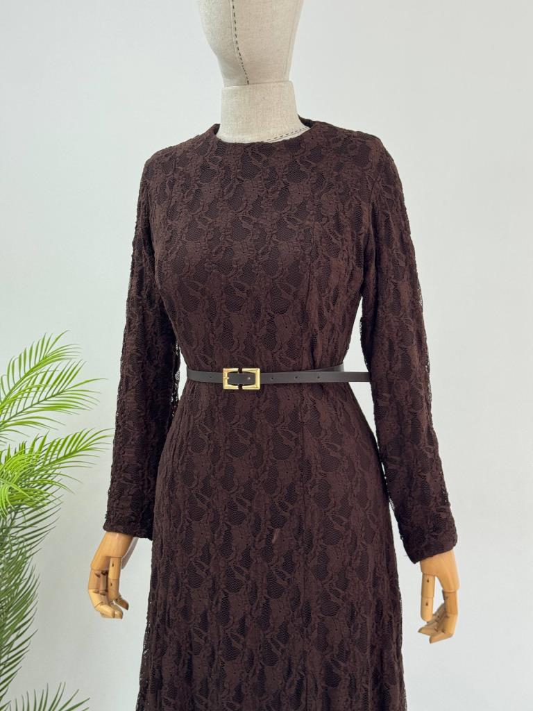Women's long belted modest dress g5154 - Brown