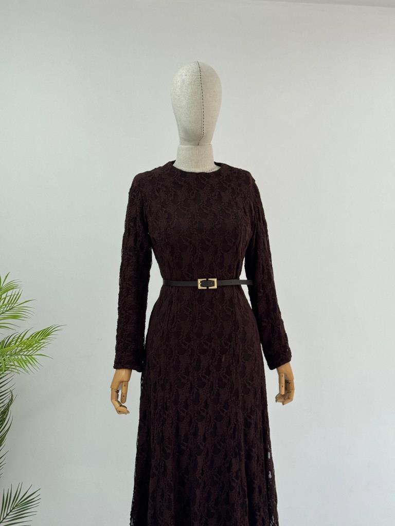 Women's long belted modest dress g5154 - Brown