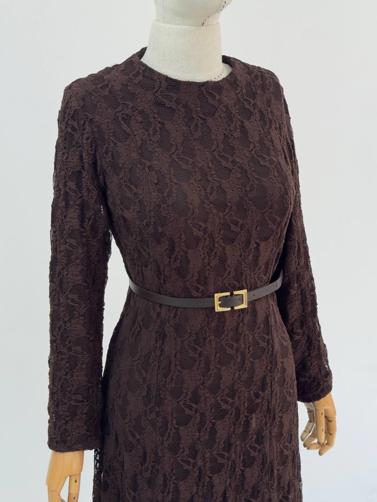 Women's long belted modest dress g5154 - Brown