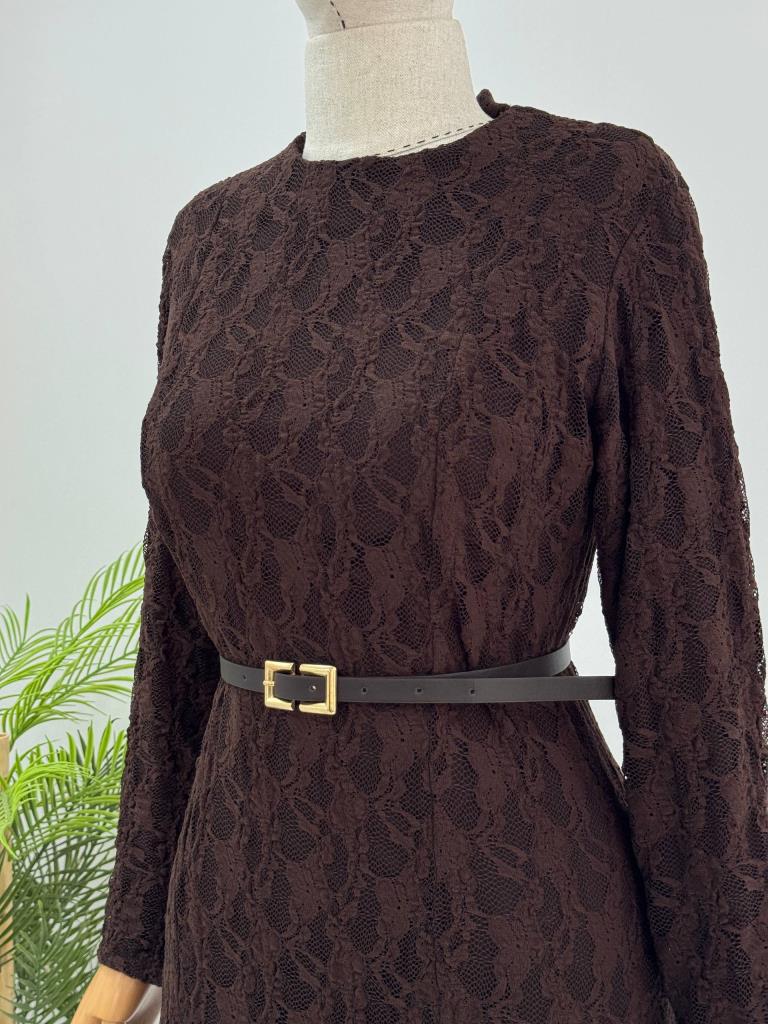 Women's long belted modest dress g5154 - Brown