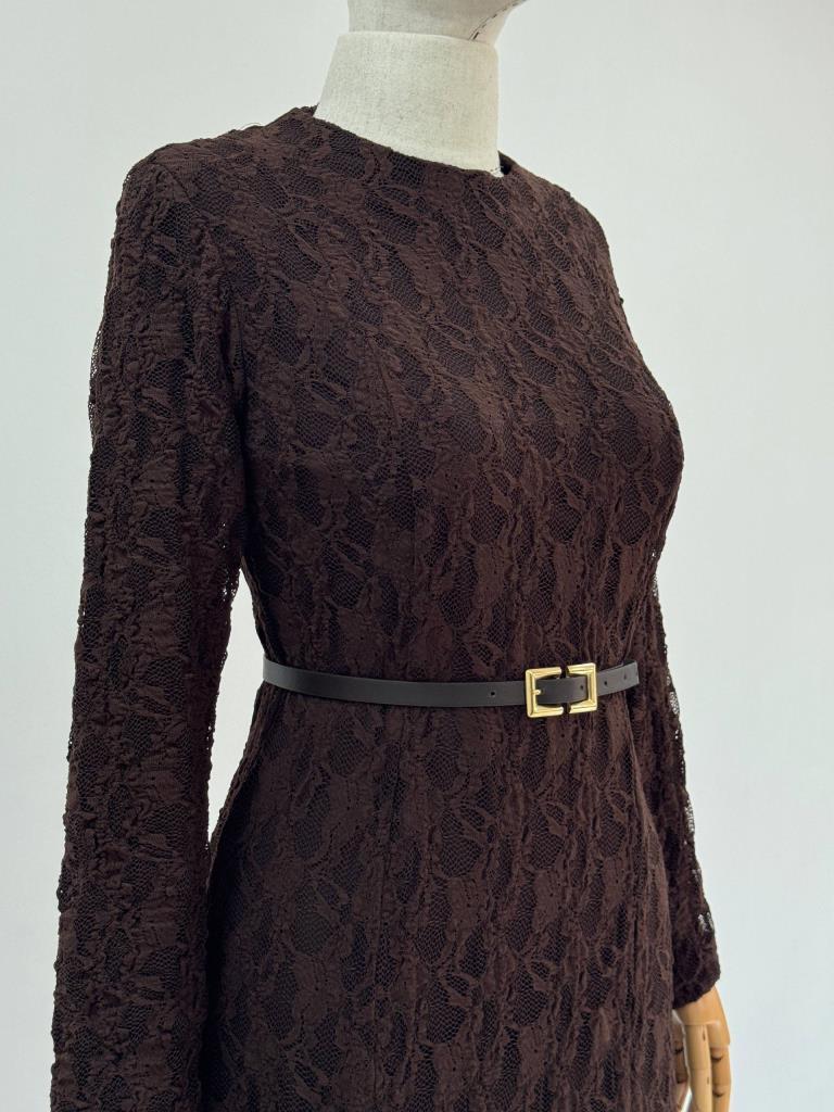 Women's long belted modest dress g5154 - Brown