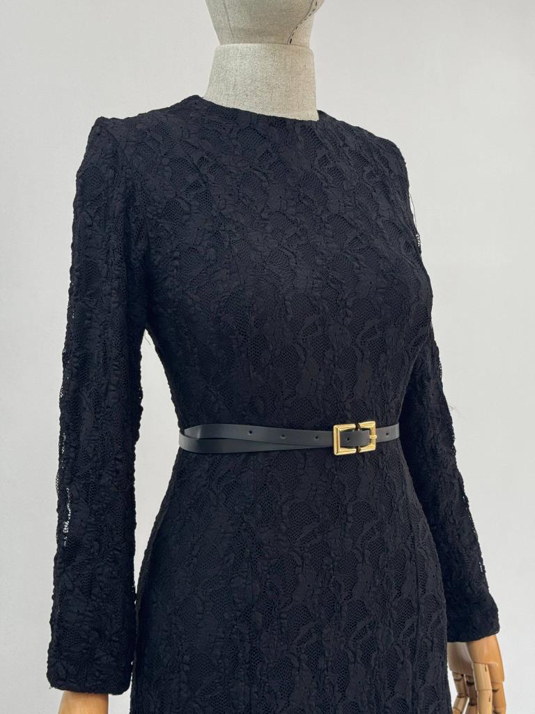 Women's long belted modest dress g5154 - Black