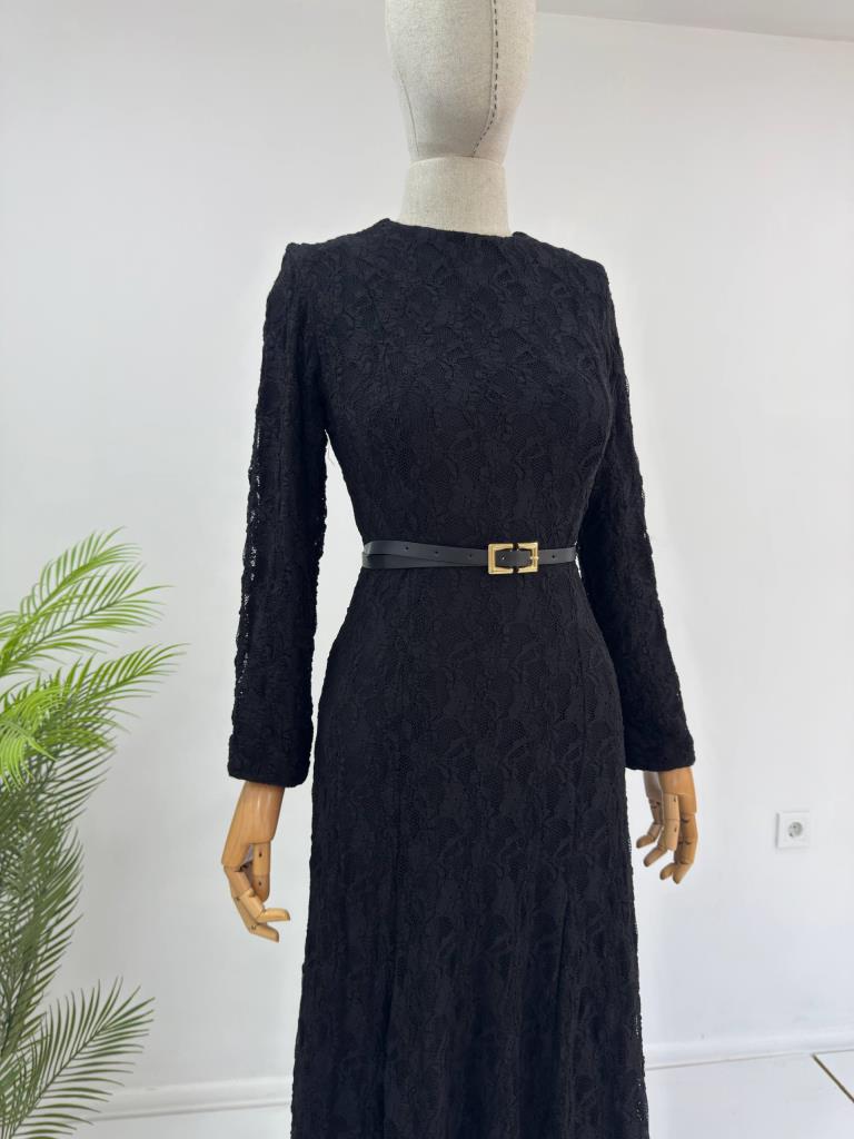 Women's long belted modest dress g5154 - Black