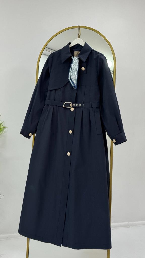 Women's Belted Long Trench Coat Stylish Button Detail Summer G5444 - Navy Blue