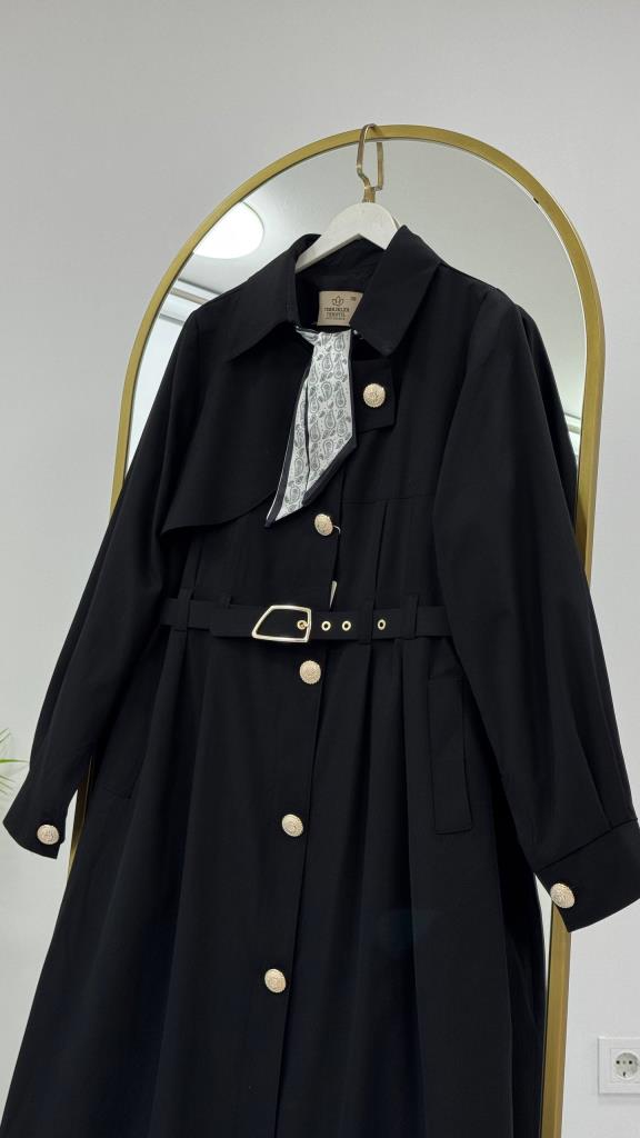 Women's Belted Long Trench Coat Stylish Button Detail Summer G5444 - Black