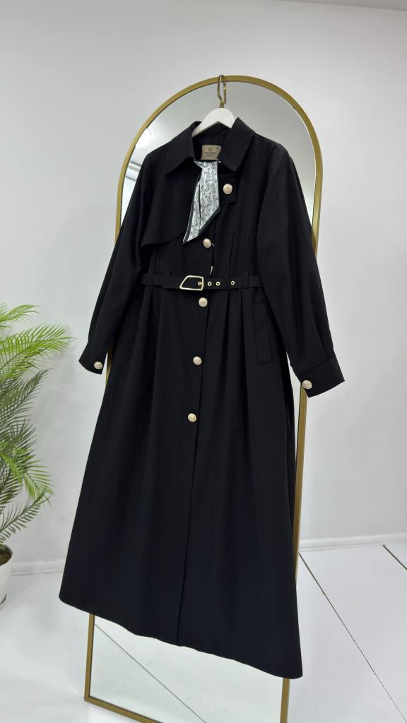 Women's Belted Long Trench Coat Stylish Button Detail Summer G5444 - Black