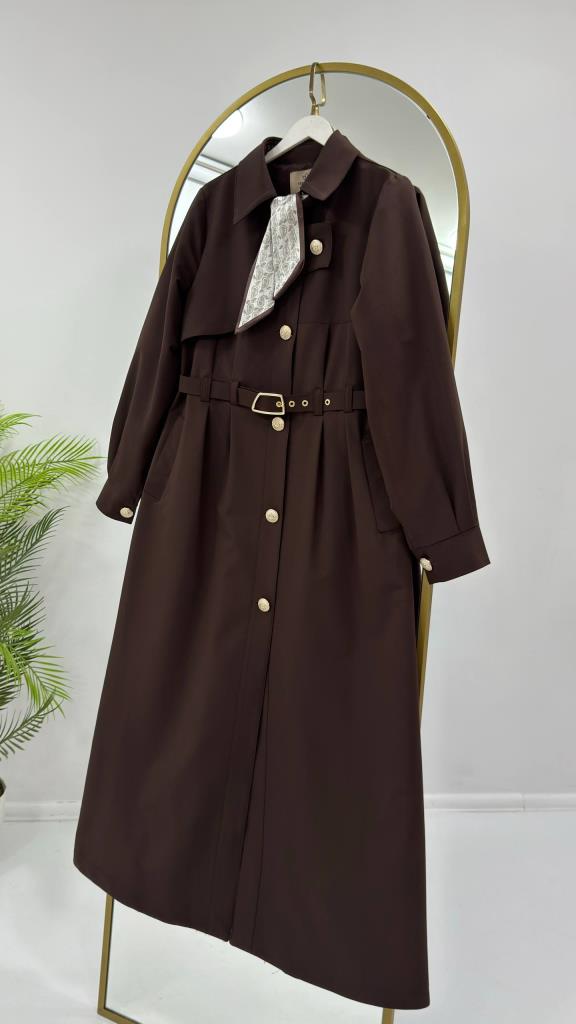 Women's Belted Long Trench Coat Stylish Button Detail Summer G5444 - Brown