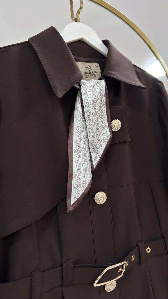 Women's Belted Long Trench Coat Stylish Button Detail Summer G5444 - Brown