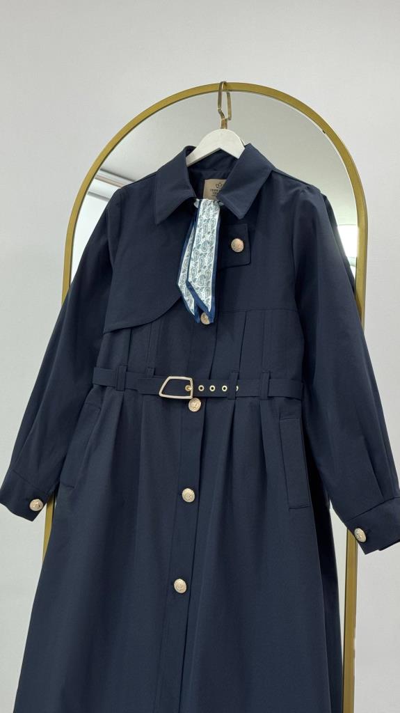 Women's Belted Long Trench Coat Stylish Button Detail Summer G5444 - Navy Blue