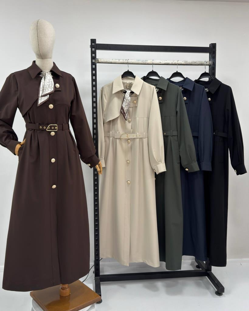 Women's Belted Long Trench Coat Stylish Button Detail Summer G5444 - Brown