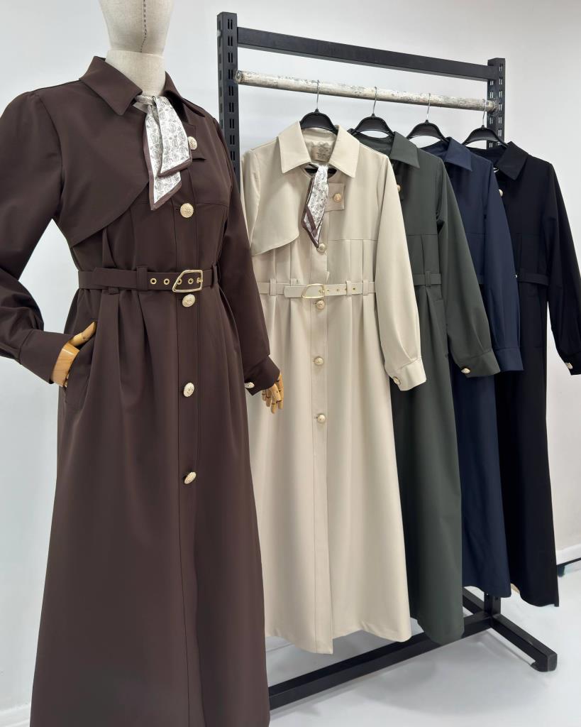 Women's Belted Long Trench Coat Stylish Button Detail Summer G5444 - Brown