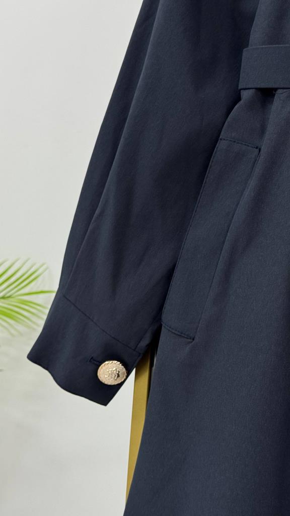 Women's Belted Long Trench Coat Stylish Button Detail Summer G5444 - Navy Blue