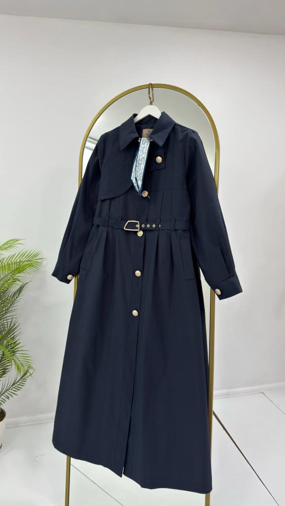 Women's Belted Long Trench Coat Stylish Button Detail Summer G5444 - Navy Blue