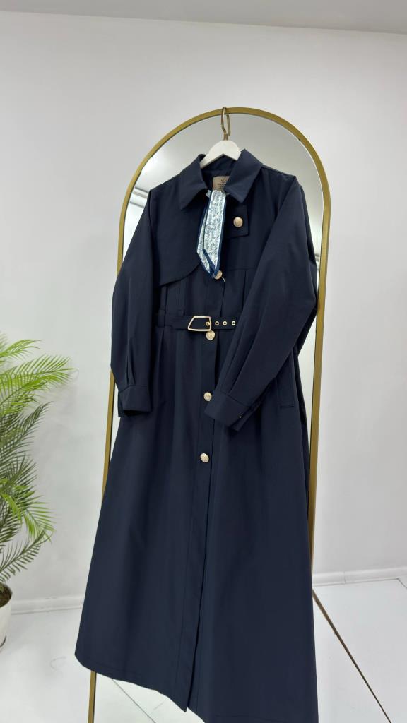 Women's Belted Long Trench Coat Stylish Button Detail Summer G5444 - Navy Blue