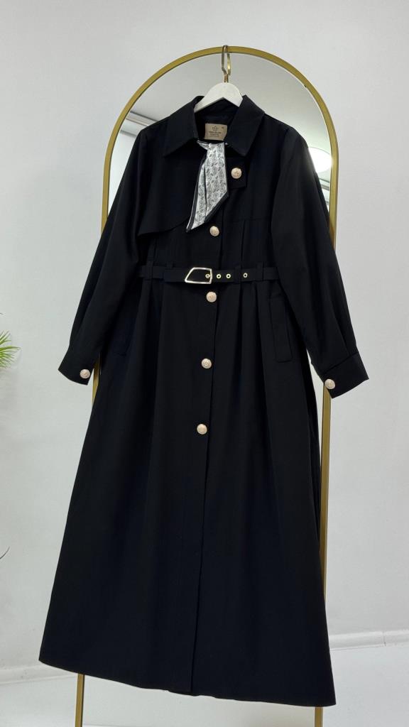Women's Belted Long Trench Coat Stylish Button Detail Summer G5444 - Black