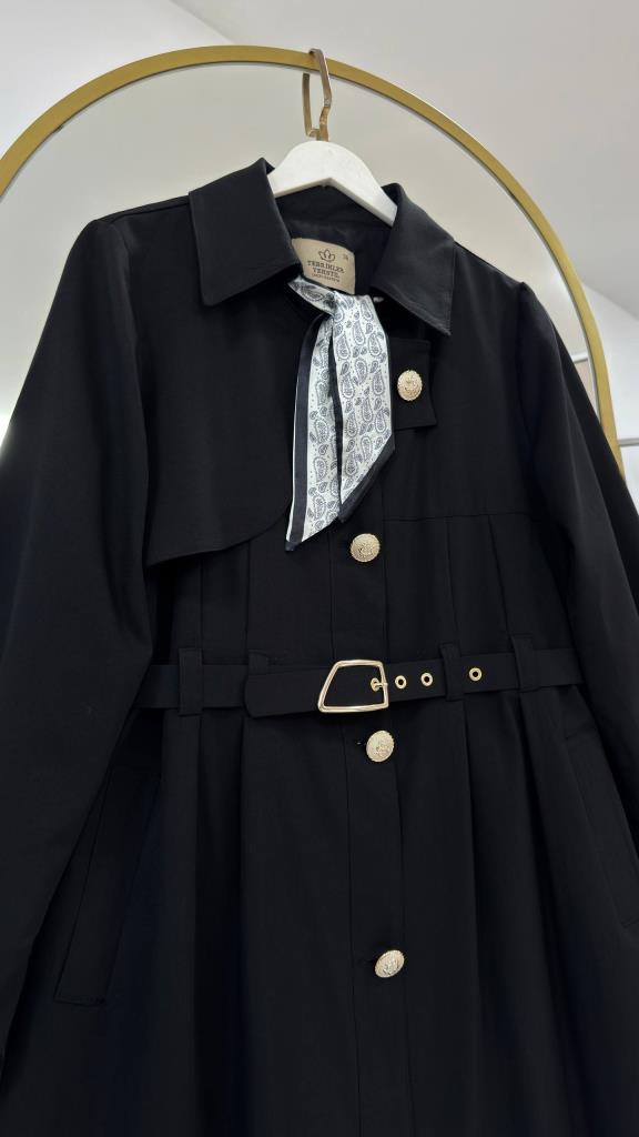 Women's Belted Long Trench Coat Stylish Button Detail Summer G5444 - Black