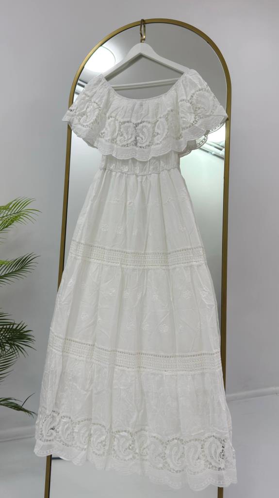Women's white lace long dress G5449 - White