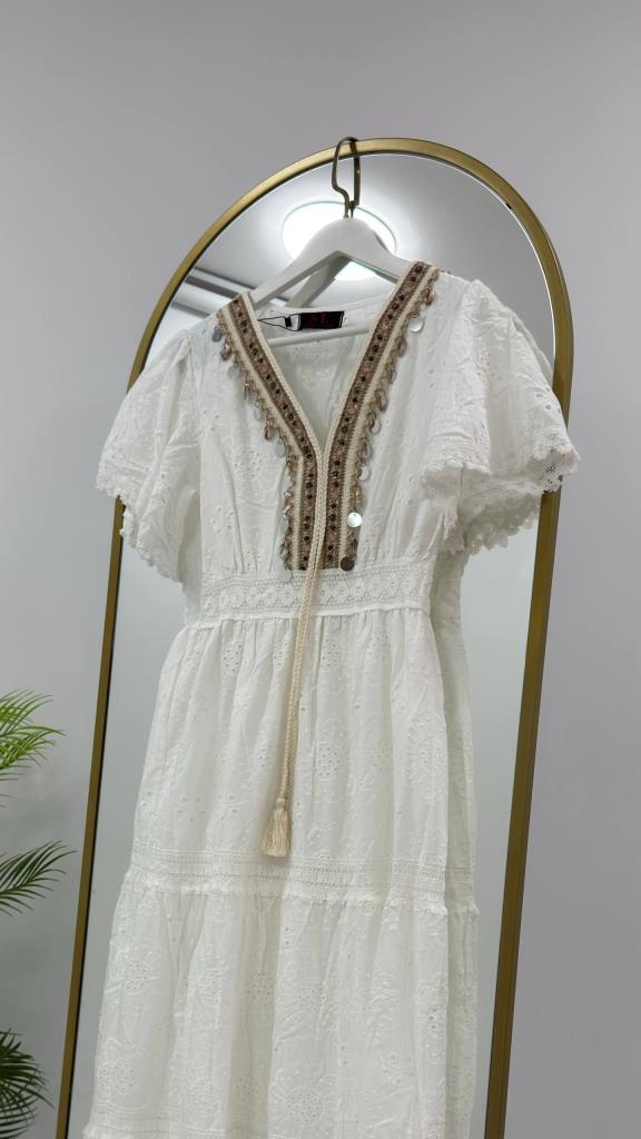 Women's Summer Lace Half-Sleeve Long Dress G5452 - White
