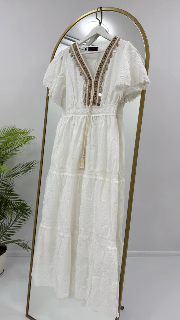 Women's Summer Lace Half-Sleeve Long Dress G5452 - White
