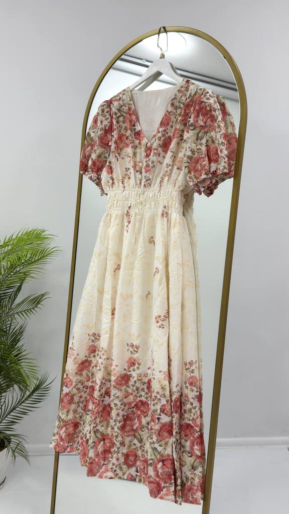 Women's summer short-sleeved flared long dress G5454 - Rosy