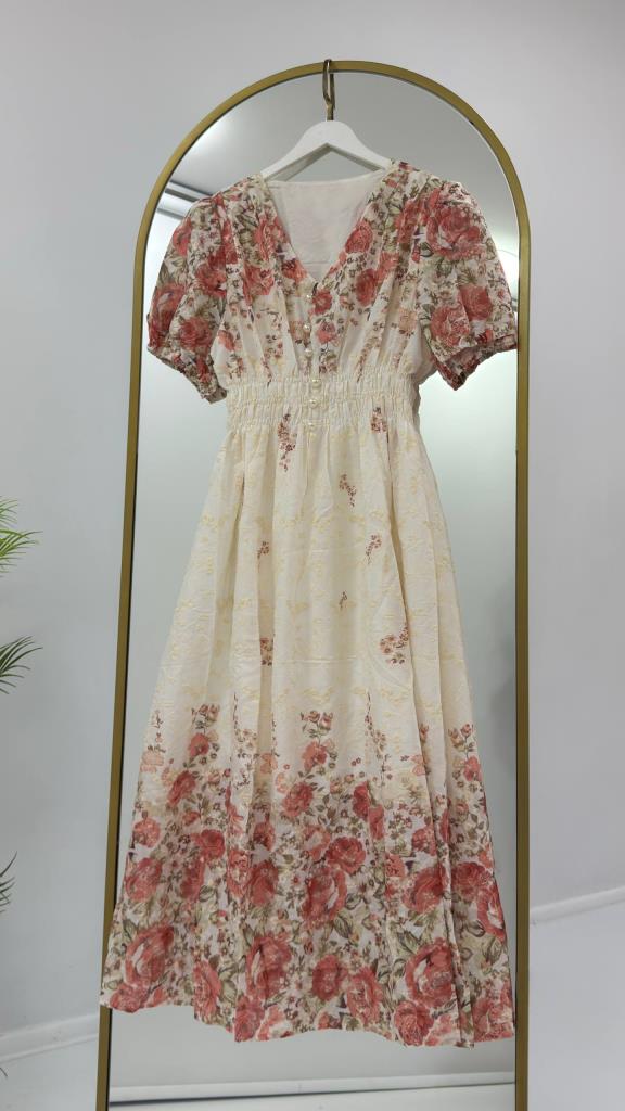 Women's summer short-sleeved flared long dress G5454 - Rosy