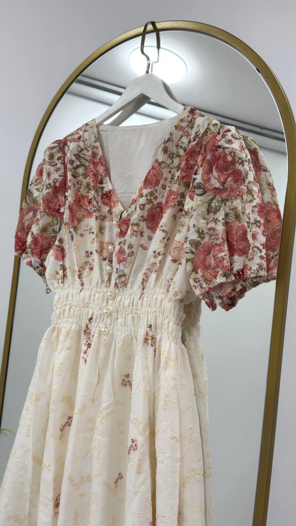 Women's summer short-sleeved flared long dress G5454 - Rosy